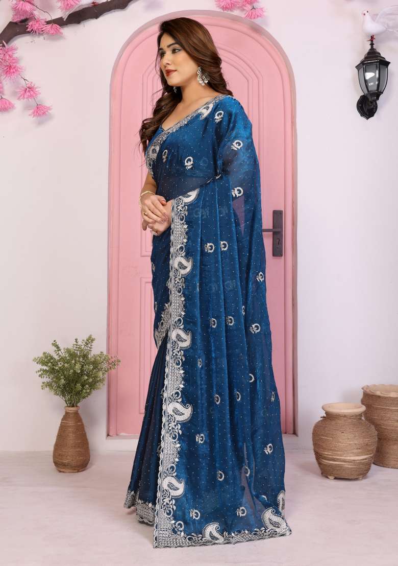 Blue Embroidered Frendy Chiffon Saree Set - Indya