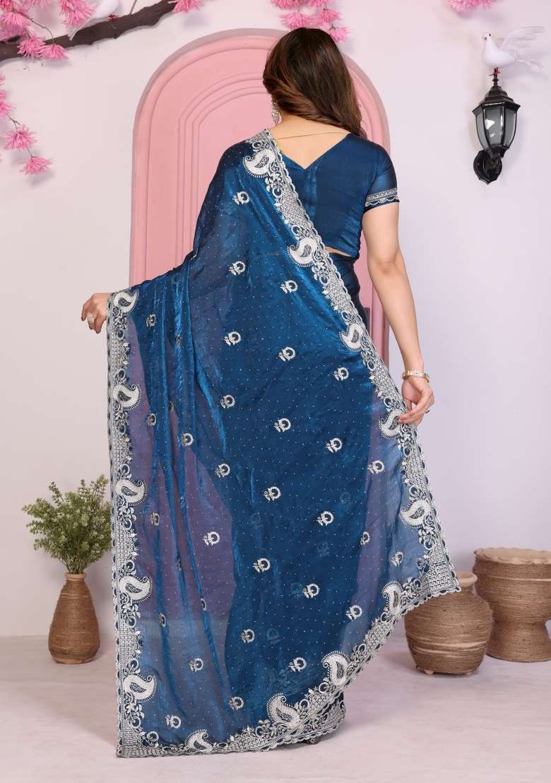 Blue Embroidered Frendy Chiffon Saree Set - Indya