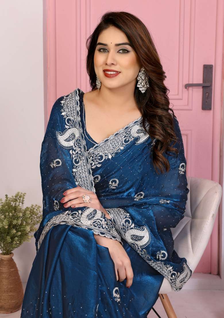 Blue Embroidered Frendy Chiffon Saree Set - Indya