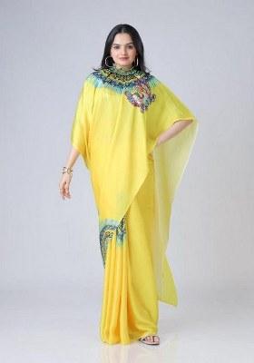 Yellow Printed Blended Saree Set