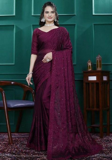Wine Printed Blended Saree Set