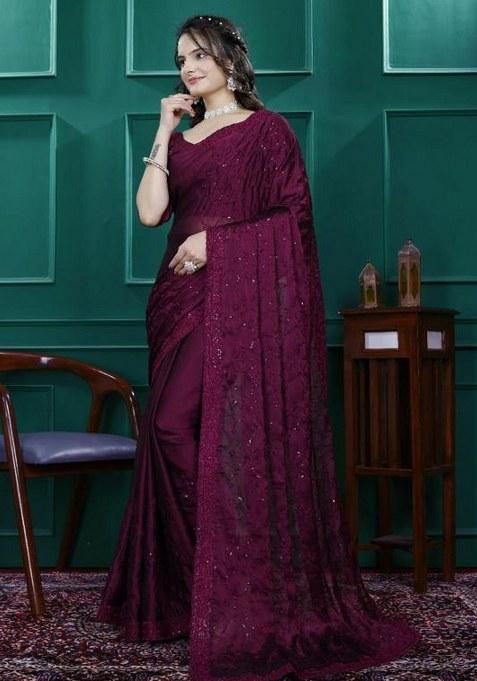 Wine Printed Blended Saree Set