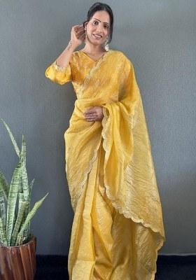 Yellow Printed Blended Saree Set