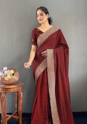 Maroon Printed Blended Saree Set