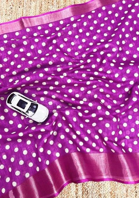 Purple Printed Blended Saree Set