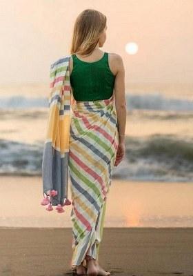 Yellow Printed Blended Saree Set