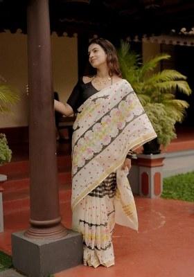 Beige Printed Blended Saree Set