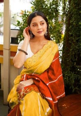 Orange Printed Blended Saree Set