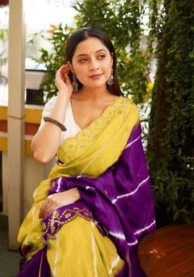 Orange Printed Blended Saree Set