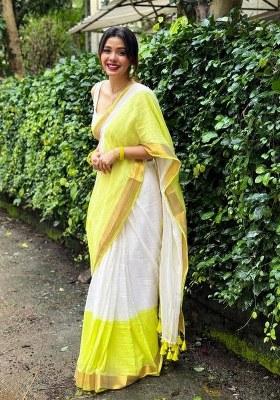 White Printed Blended Saree Set