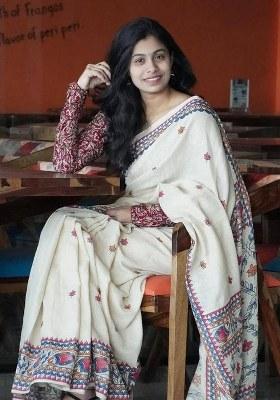 White Printed Blended Saree Set