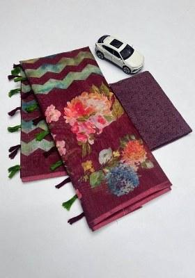 Maroon Printed Blended Saree Set