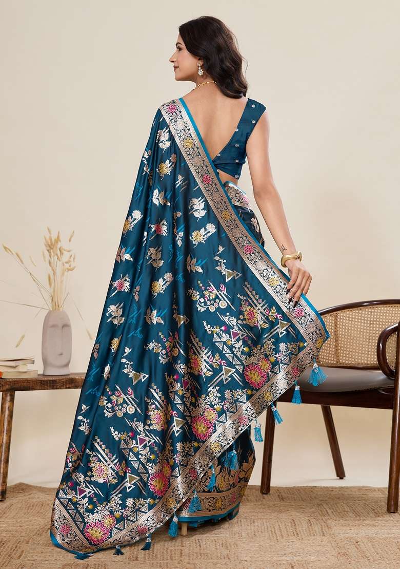 Blue Meenakari Designer Silk Saree Set - Indya