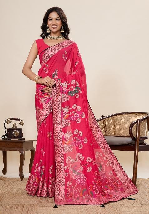 Pink Printed Cotton Saree Set