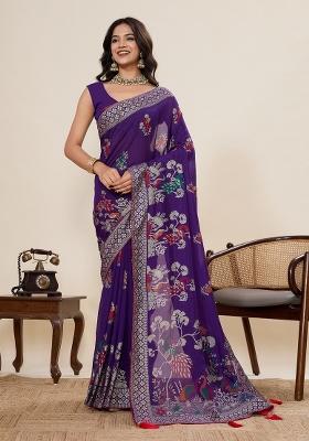 Purple Printed Cotton Saree Set