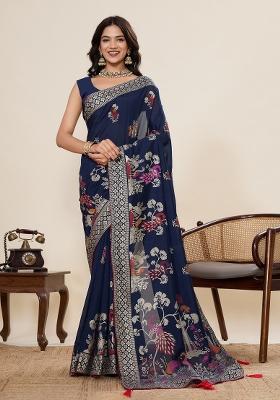 Blue Printed Cotton Saree Set