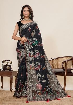 Black Printed Cotton Saree Set