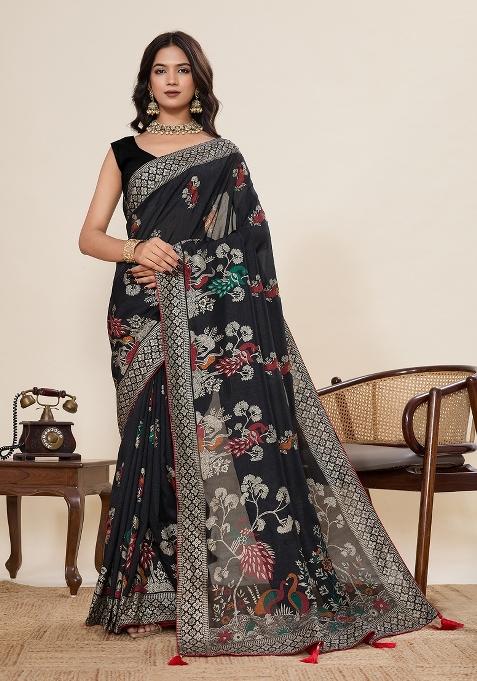 Black Printed Cotton Saree Set