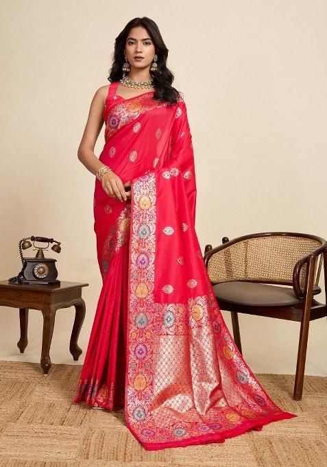 Red Embroidered Silk Saree Set