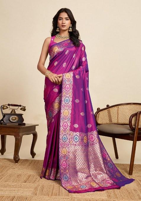 Purple Embroidered Silk Blend Saree Set