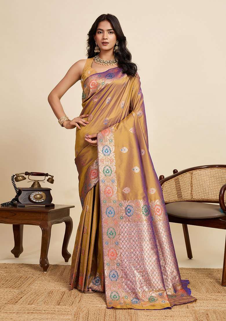 Gold Embroidered Silk Blend Saree Set for Diwali and Festive Wear - Indya