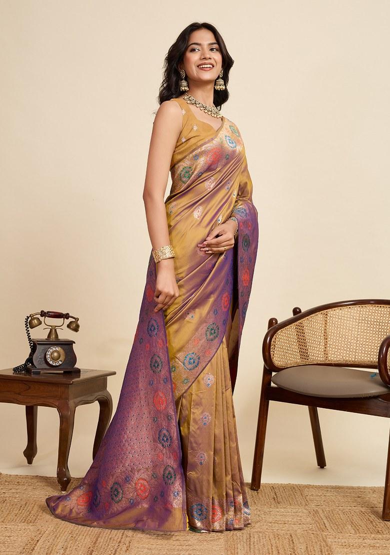 Gold Embroidered Silk Saree Set - Indya