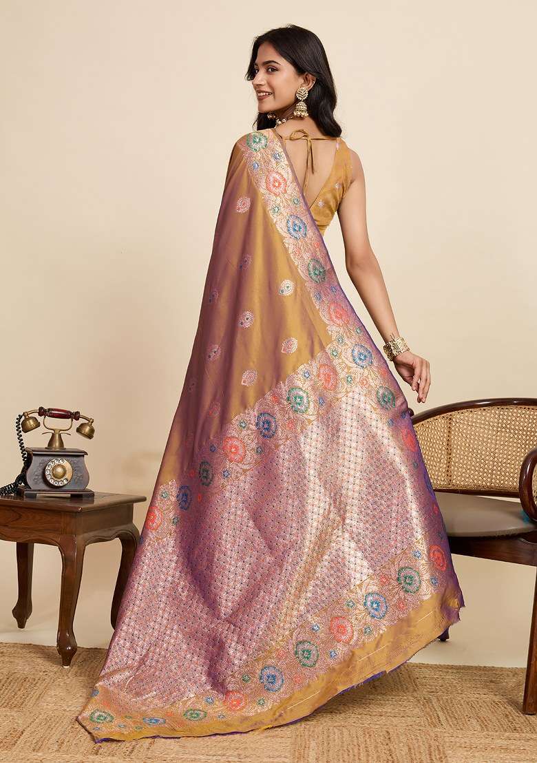 Gold Embroidered Silk Blend Saree Set for Diwali and Festive Wear - Indya