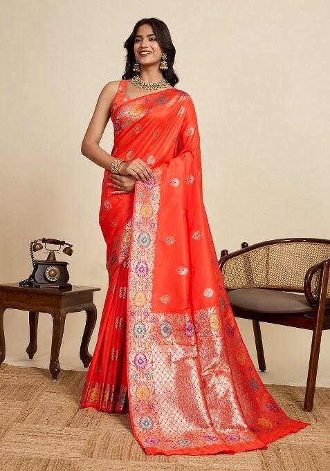 Orange Embroidered Silk Saree Set