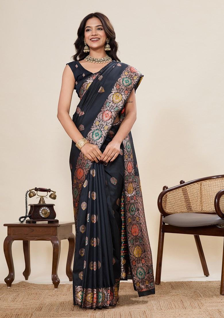 Black Embroidered Silk Saree Set - Indya