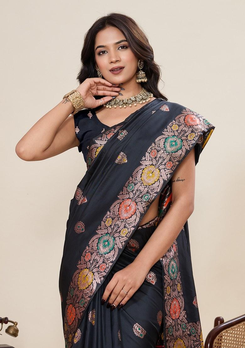 Black Embroidered Silk Saree Set - Indya