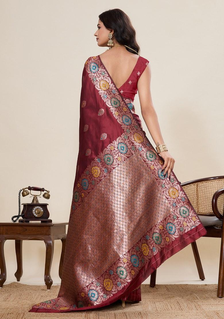 Maroon Embroidered Silk Saree Set - Indya