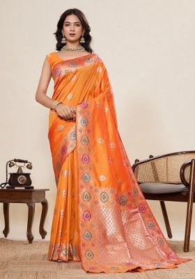 Yellow Embroidered Silk Saree Set