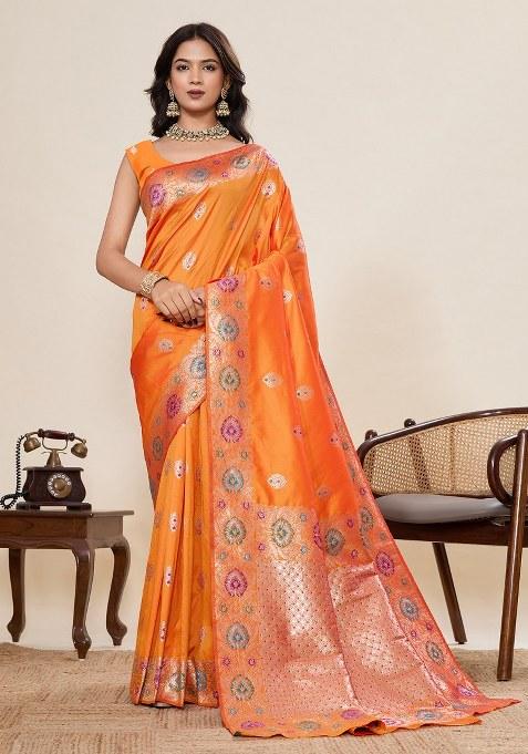 Yellow Embroidered Silk Saree Set