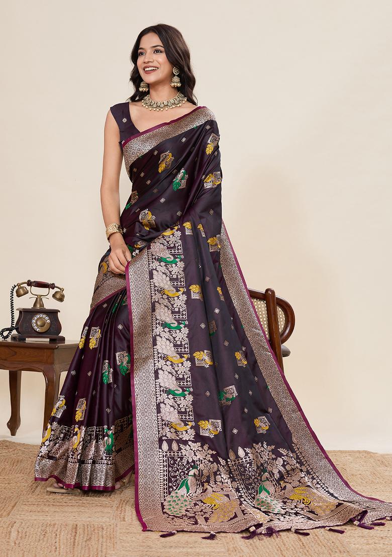 Wine Jari Meenakari Silk Saree Set