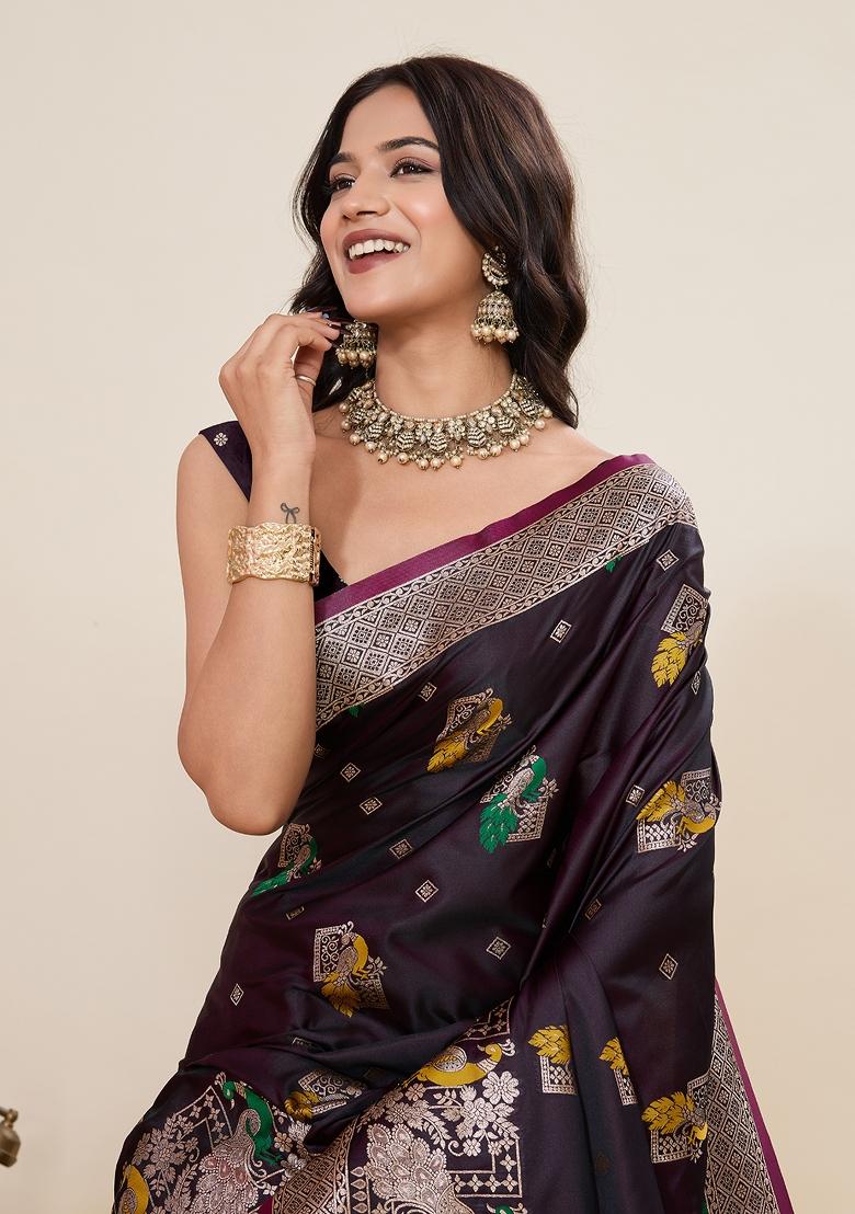 Wine Jari Meenakari Silk Saree Set