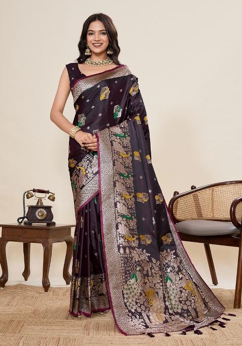 Wine Jari Meenakari Silk Saree Set