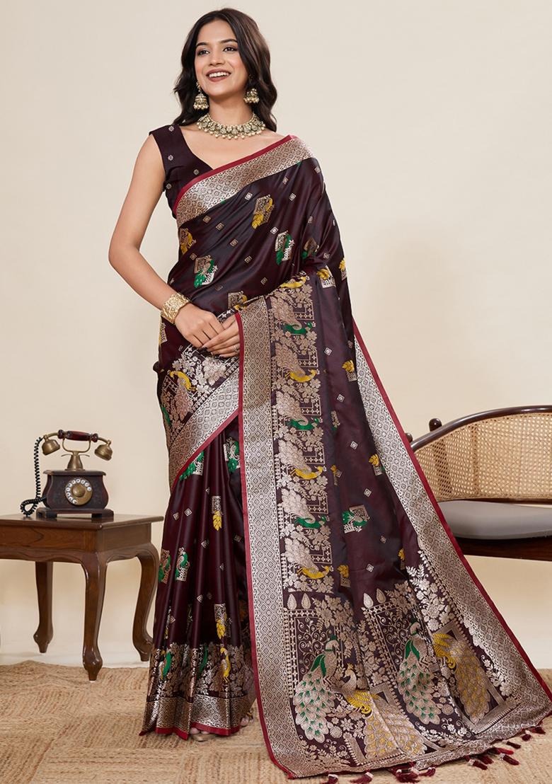 Brown Jari Meenakari Silk Saree Set
