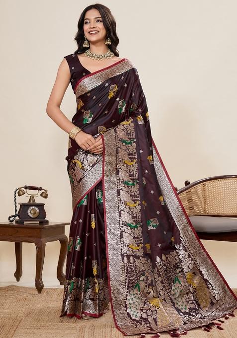 Brown Jari Meenakari Silk Saree Set