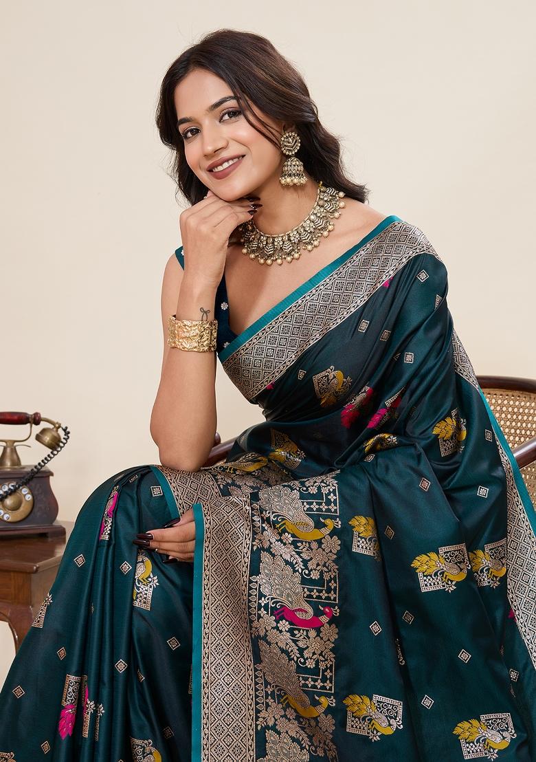 Blue Jari Meenakari Silk Saree Set