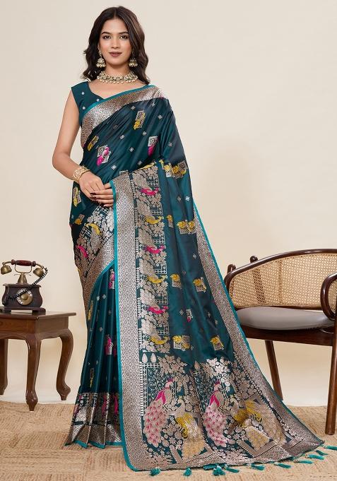 Blue Jari Meenakari Silk Saree Set