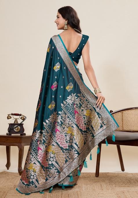 Blue Jari Meenakari Silk Saree Set