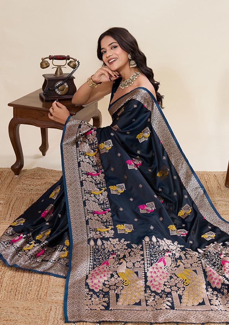 Blue Jari Meenakari Silk Saree Set