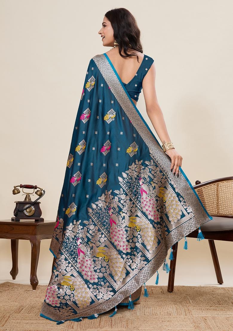 Blue Jari Meenakari Silk Saree Set
