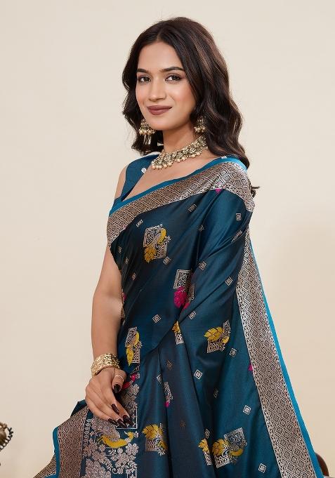 Blue Jari Meenakari Silk Saree Set