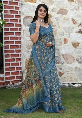 Blue Printed Cotton Saree Set