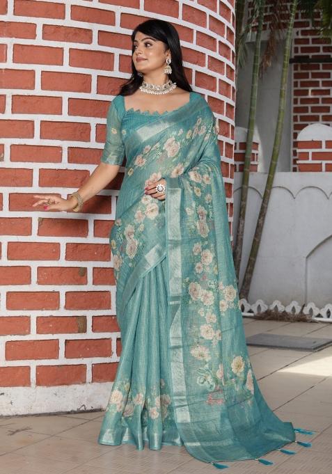 Green Printed Cotton Saree Set