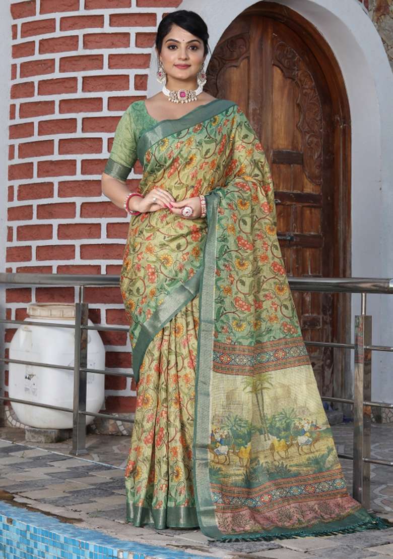 Beige Cotton Saree Set with Printed for Diwali | Wedding & Festive Wear - Indya