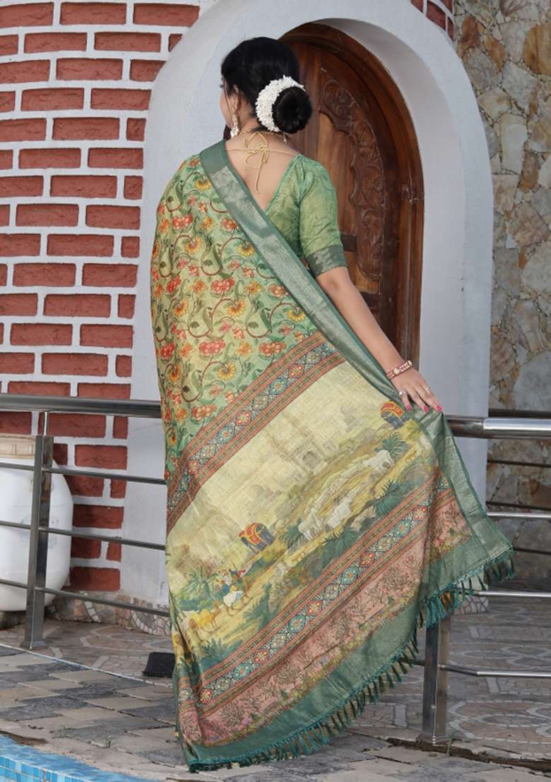 Beige Cotton Saree Set with Printed for Diwali | Wedding & Festive Wear - Indya