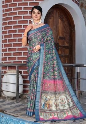 Blue Printed Cotton Saree Set