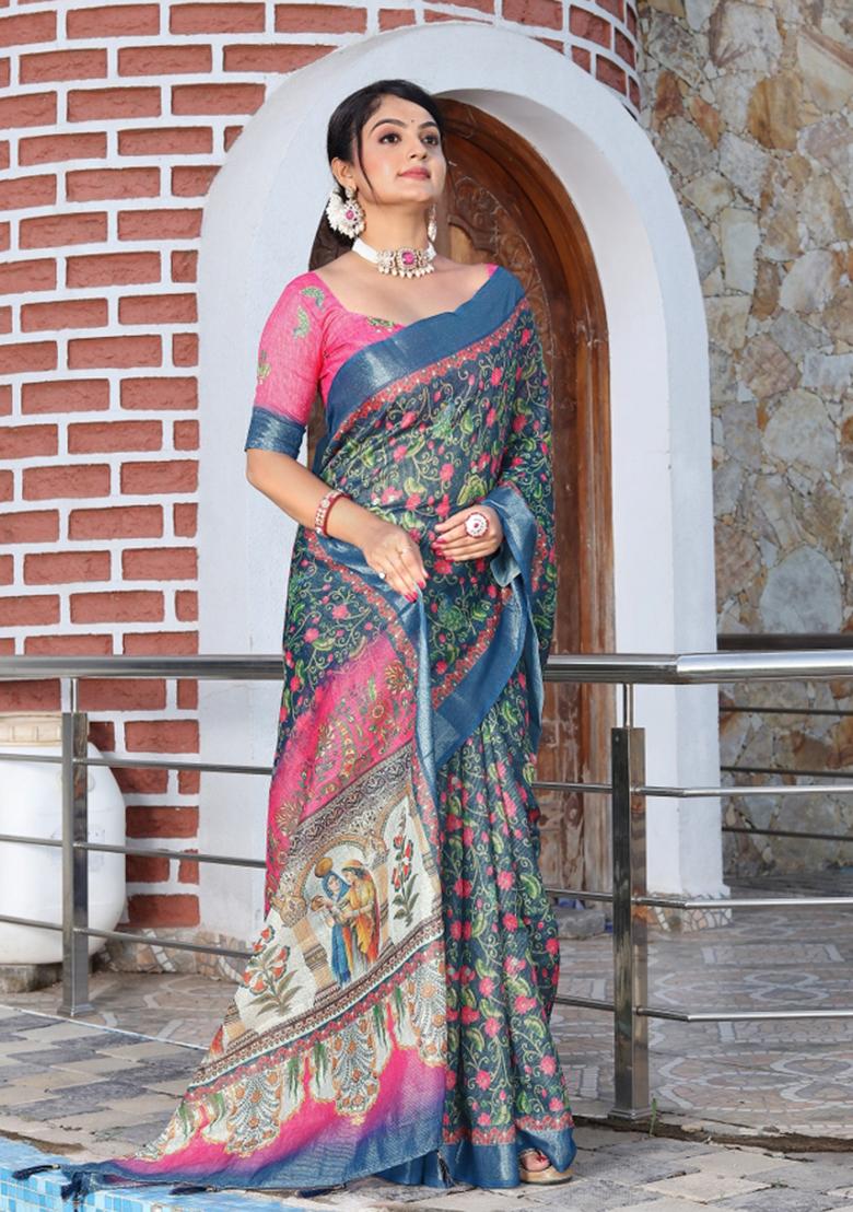 Blue Printed Cotton Saree Set - Indya